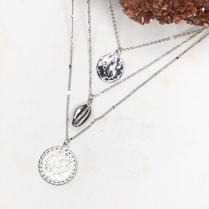 Silver layered coin and shell necklace